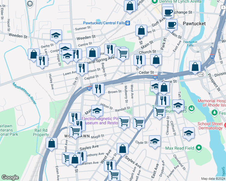 map of restaurants, bars, coffee shops, grocery stores, and more near 8 White Street in Pawtucket