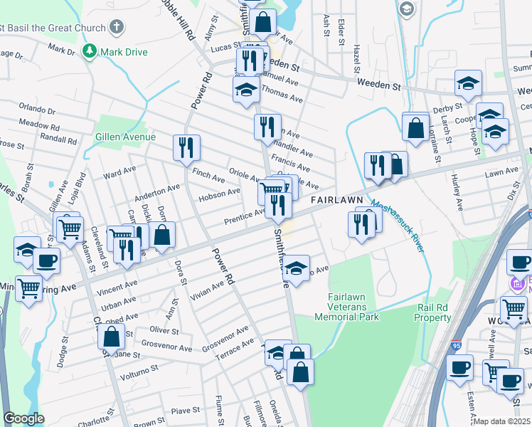 map of restaurants, bars, coffee shops, grocery stores, and more near 797 Mineral Spring Avenue in Pawtucket