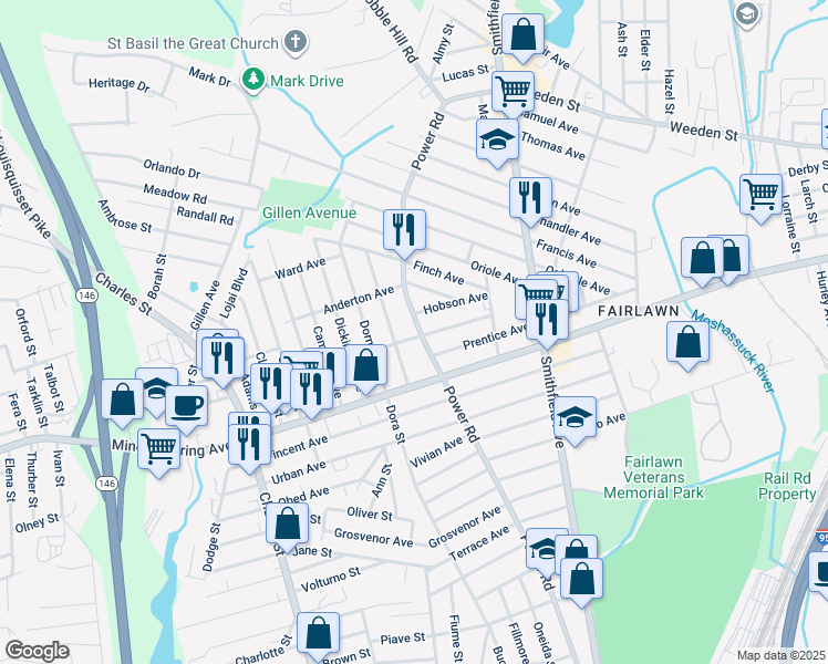map of restaurants, bars, coffee shops, grocery stores, and more near 42 Stedman Avenue in Pawtucket