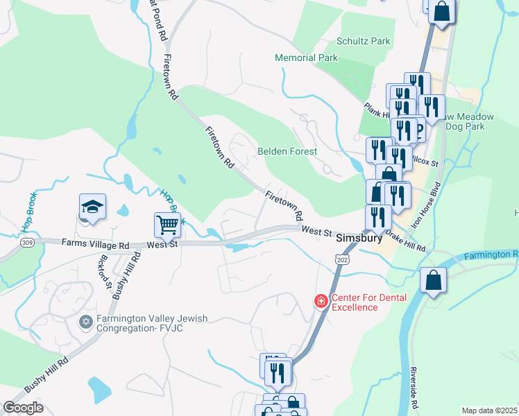 map of restaurants, bars, coffee shops, grocery stores, and more near 9 Old Mill Court in Simsbury