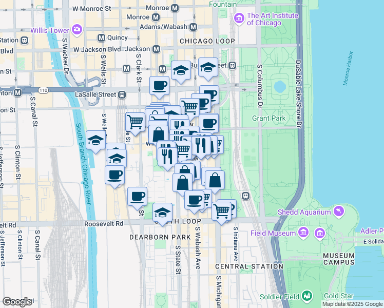 map of restaurants, bars, coffee shops, grocery stores, and more near 900 South State Street in Chicago