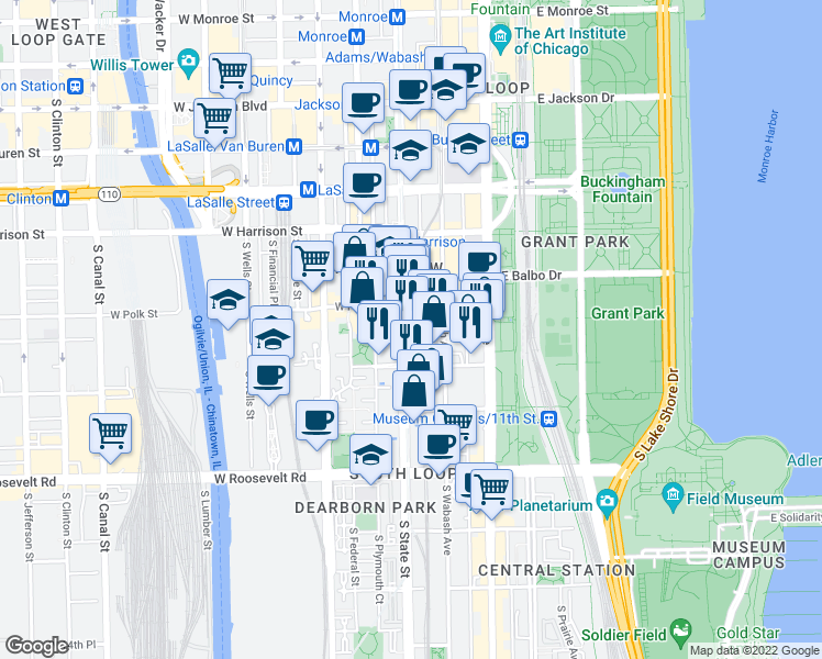 map of restaurants, bars, coffee shops, grocery stores, and more near 900 South State Street in Chicago