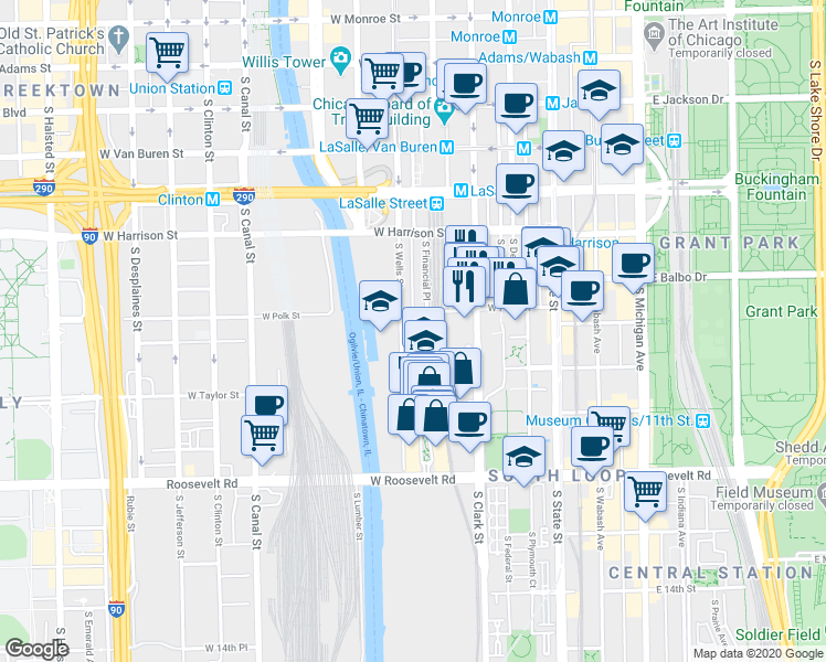 map of restaurants, bars, coffee shops, grocery stores, and more near in Chicago