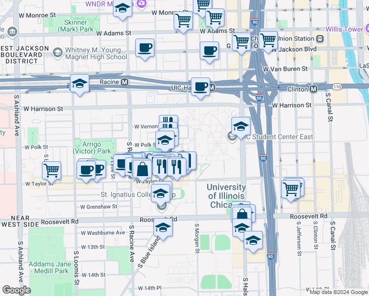 map of restaurants, bars, coffee shops, grocery stores, and more near 828 South Miller Street in Chicago