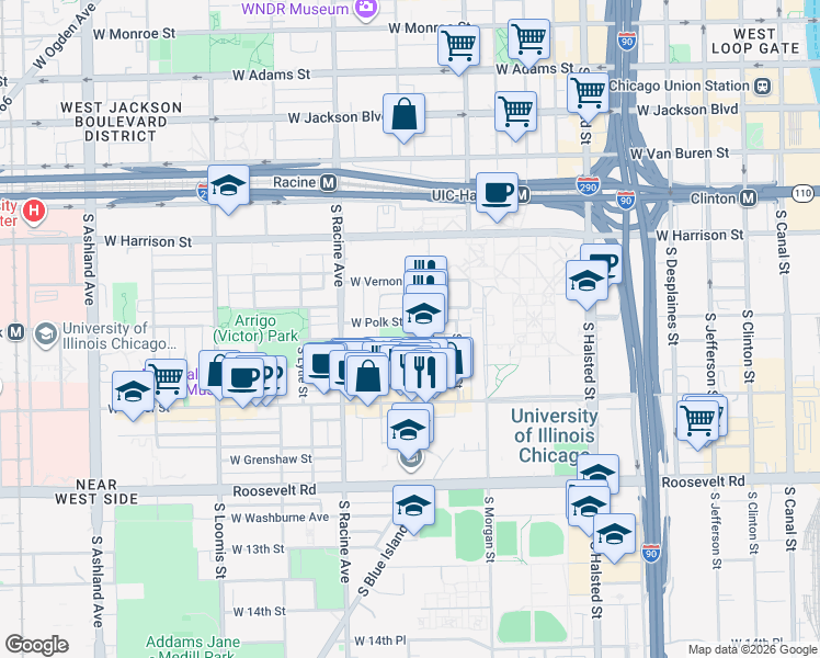 map of restaurants, bars, coffee shops, grocery stores, and more near 820 South Carpenter Street in Chicago