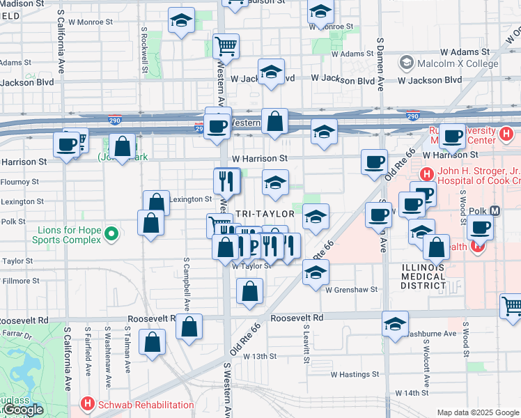 map of restaurants, bars, coffee shops, grocery stores, and more near 810 South Oakley Boulevard in Chicago