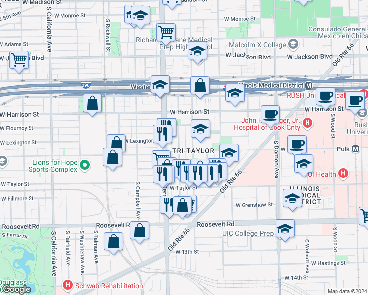map of restaurants, bars, coffee shops, grocery stores, and more near 810 South Oakley Boulevard in Chicago