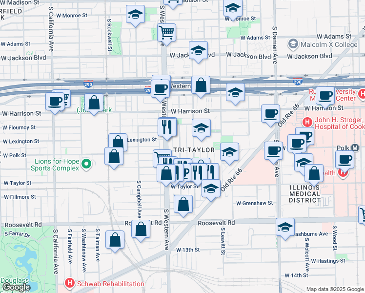 map of restaurants, bars, coffee shops, grocery stores, and more near 810 South Oakley Boulevard in Chicago