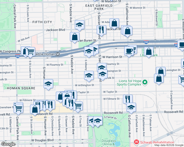 map of restaurants, bars, coffee shops, grocery stores, and more near 3020 West Polk Street in Chicago