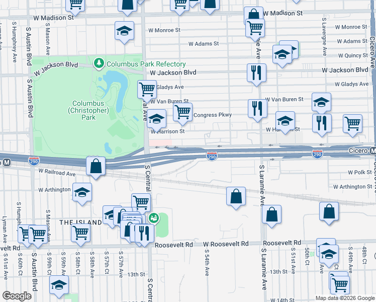 map of restaurants, bars, coffee shops, grocery stores, and more near 5429 West Lexington Street in Chicago