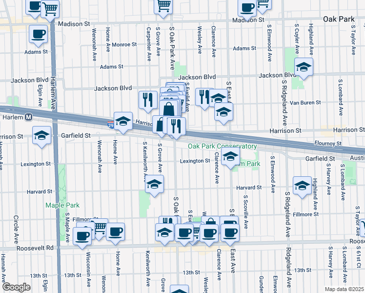 map of restaurants, bars, coffee shops, grocery stores, and more near 952 South Oak Park Avenue in Oak Park