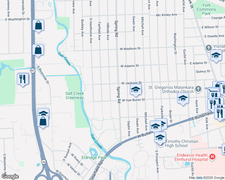map of restaurants, bars, coffee shops, grocery stores, and more near 920 Spring Road in Elmhurst