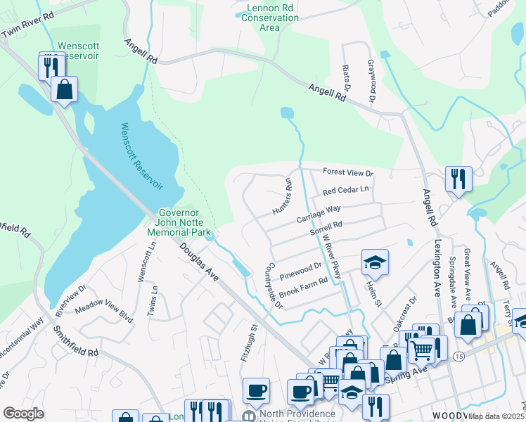 map of restaurants, bars, coffee shops, grocery stores, and more near 38 Hunters Run in North Providence