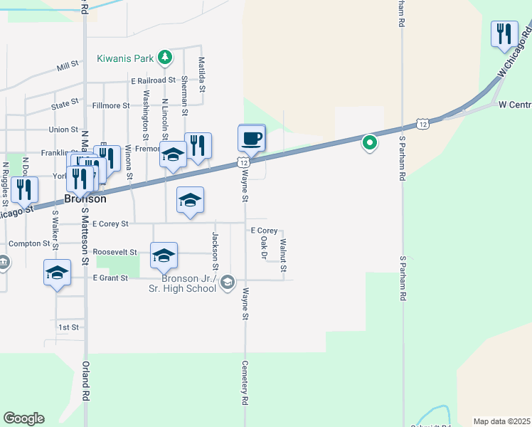 map of restaurants, bars, coffee shops, grocery stores, and more near 155 Wayne Street in Bronson