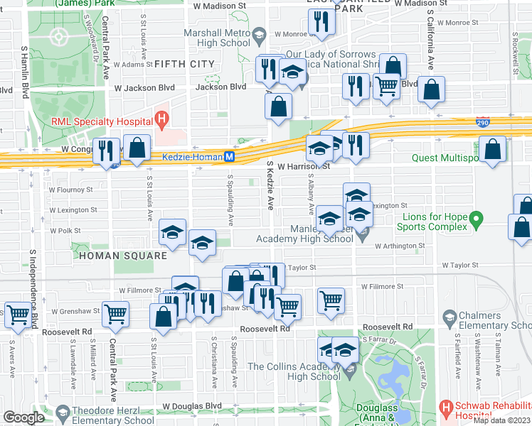 map of restaurants, bars, coffee shops, grocery stores, and more near 740 South Kedzie Avenue in Chicago