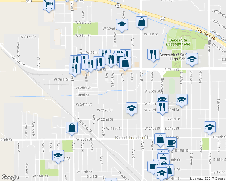 map of restaurants, bars, coffee shops, grocery stores, and more near 2511 Avenue East in Scottsbluff