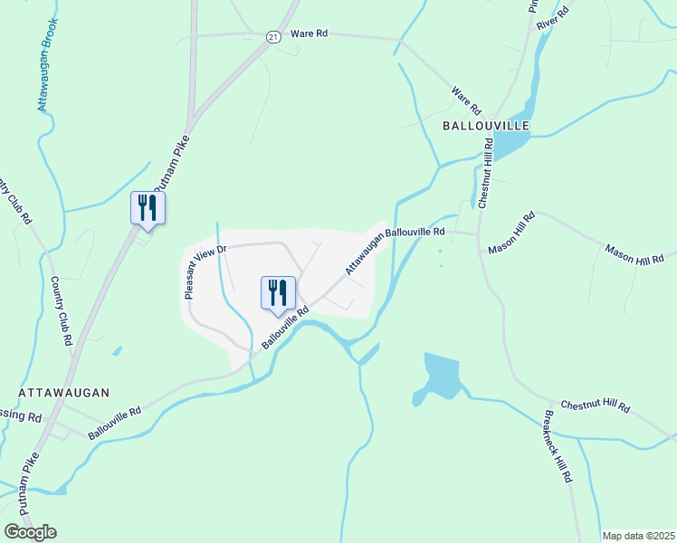 map of restaurants, bars, coffee shops, grocery stores, and more near 169 Ballouville Road in Killingly