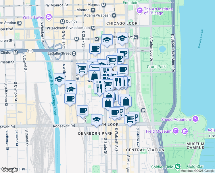 map of restaurants, bars, coffee shops, grocery stores, and more near 900 South State Street in Chicago