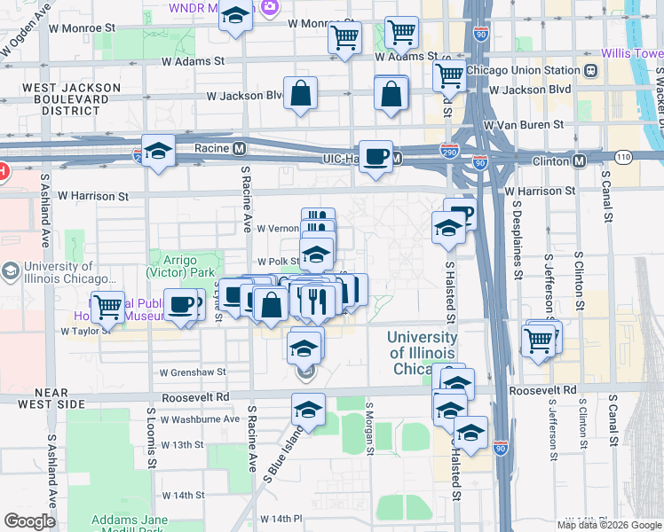 map of restaurants, bars, coffee shops, grocery stores, and more near 828 South Miller Street in Chicago