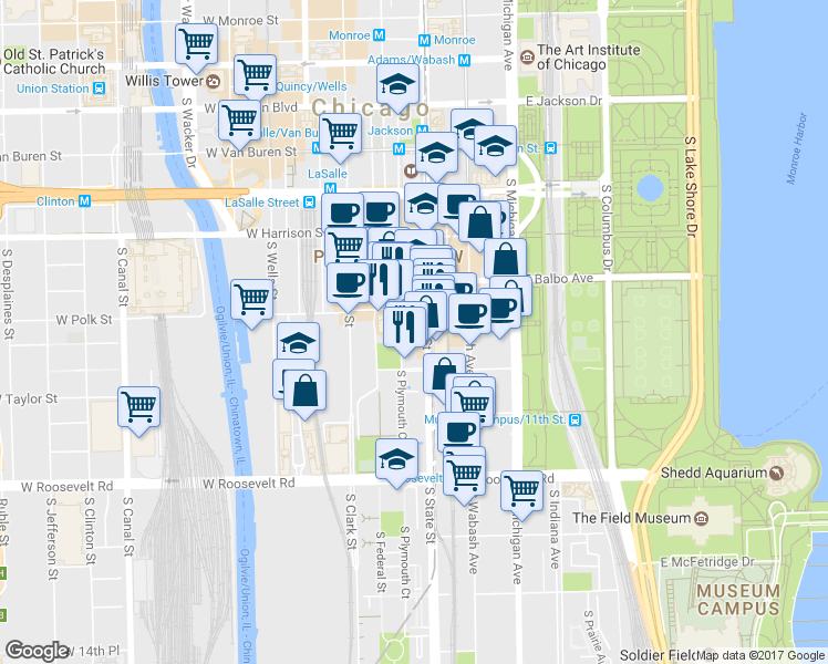 map of restaurants, bars, coffee shops, grocery stores, and more near 840s South Plymouth Court in Chicago