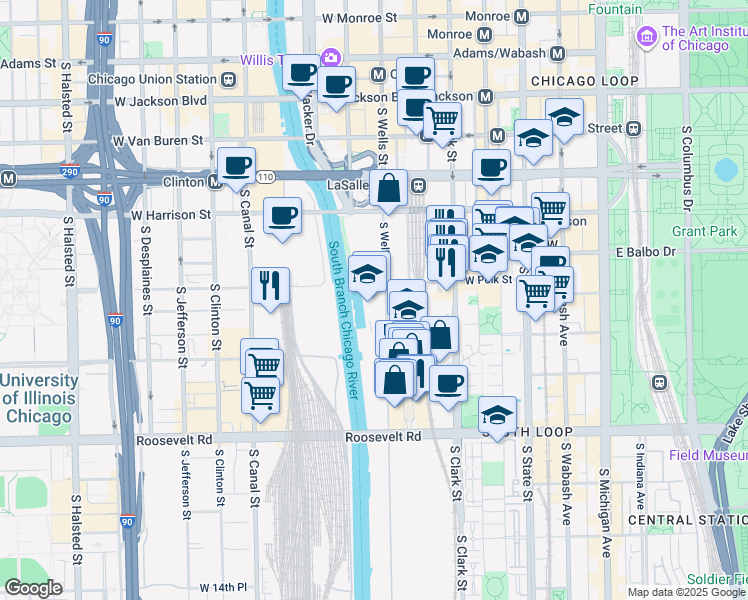 map of restaurants, bars, coffee shops, grocery stores, and more near 800 South Wells Street in Chicago