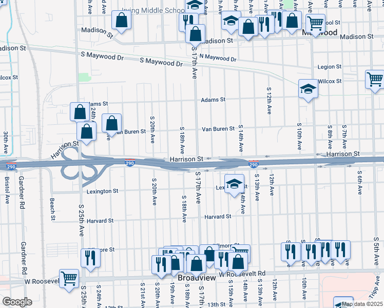 map of restaurants, bars, coffee shops, grocery stores, and more near 1701 Harrison Street in Maywood