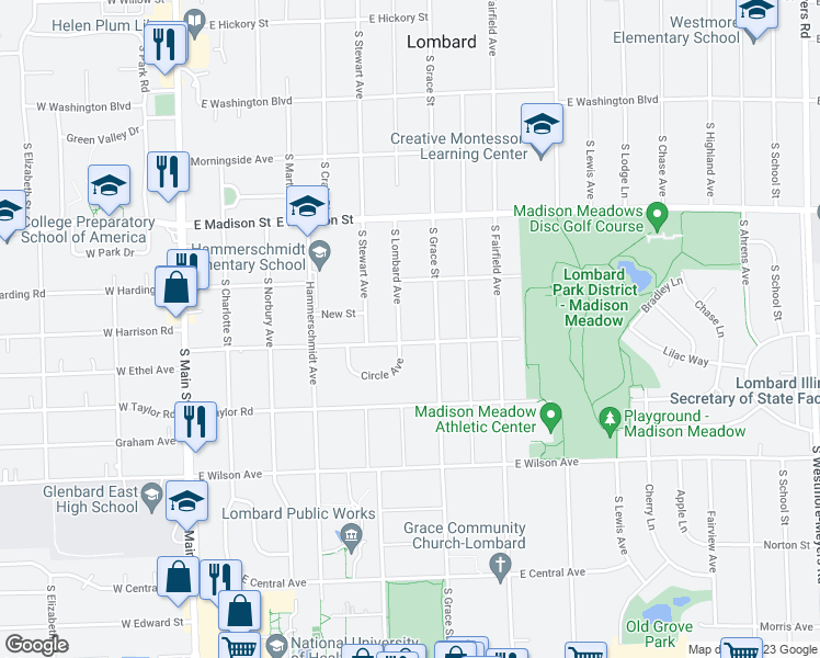 map of restaurants, bars, coffee shops, grocery stores, and more near 325 Circle Avenue in Lombard