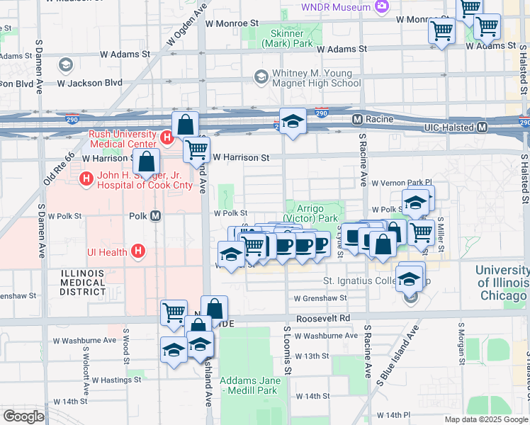 map of restaurants, bars, coffee shops, grocery stores, and more near W Polk St & S Bishop St in Chicago