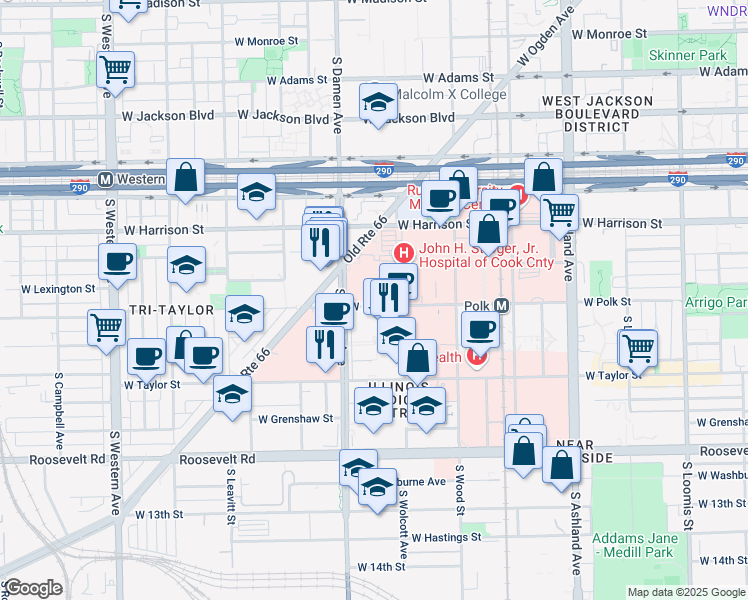 map of restaurants, bars, coffee shops, grocery stores, and more near 1950 West Polk Street in Chicago