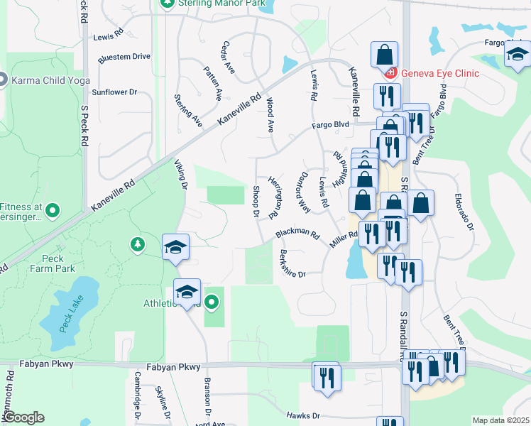 map of restaurants, bars, coffee shops, grocery stores, and more near 2717 Blackman Road in Geneva