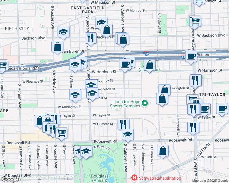 map of restaurants, bars, coffee shops, grocery stores, and more near 2837 West Polk Street in Chicago