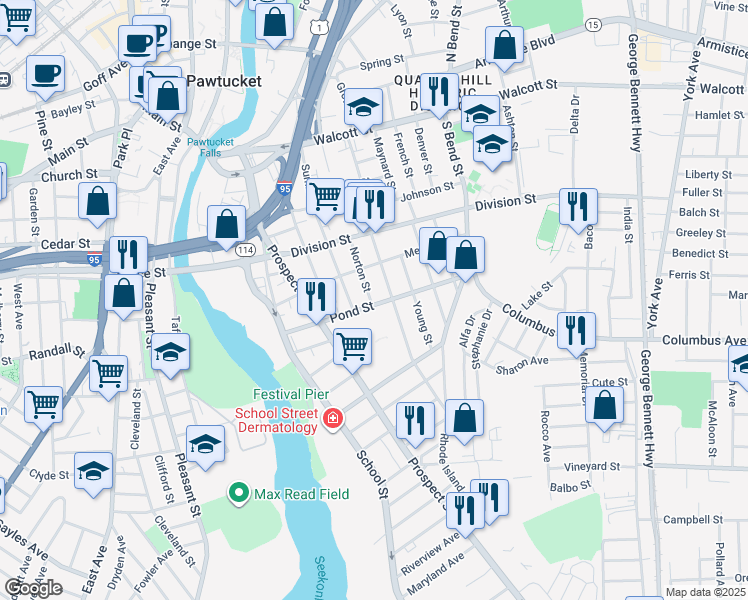 map of restaurants, bars, coffee shops, grocery stores, and more near 89 Pond Street in Pawtucket
