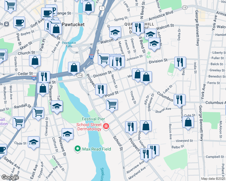 map of restaurants, bars, coffee shops, grocery stores, and more near 48 Pond Street in Pawtucket
