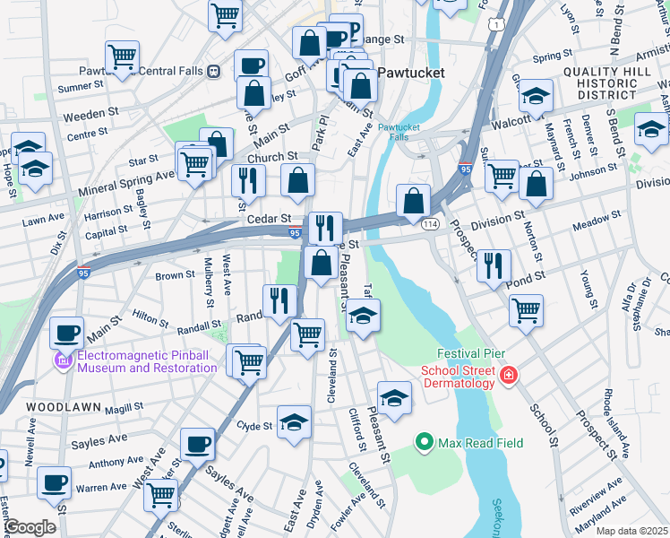 map of restaurants, bars, coffee shops, grocery stores, and more near 8 James Street in Pawtucket