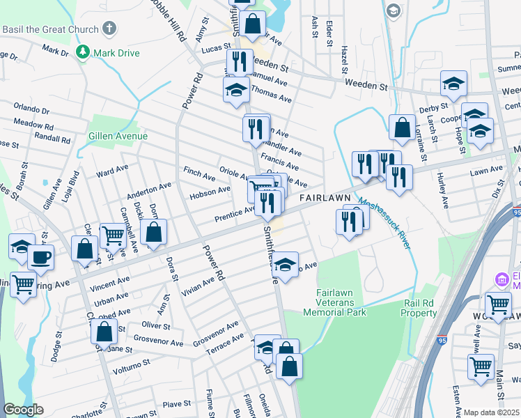 map of restaurants, bars, coffee shops, grocery stores, and more near 375 Smithfield Avenue in Pawtucket