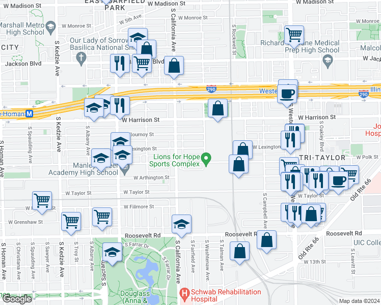 map of restaurants, bars, coffee shops, grocery stores, and more near 2725 West Polk Street in Chicago