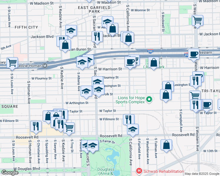 map of restaurants, bars, coffee shops, grocery stores, and more near 2910 West Polk Street in Chicago
