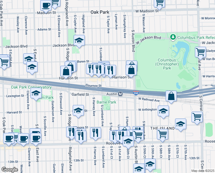 map of restaurants, bars, coffee shops, grocery stores, and more near 1050 South Austin Boulevard in Oak Park