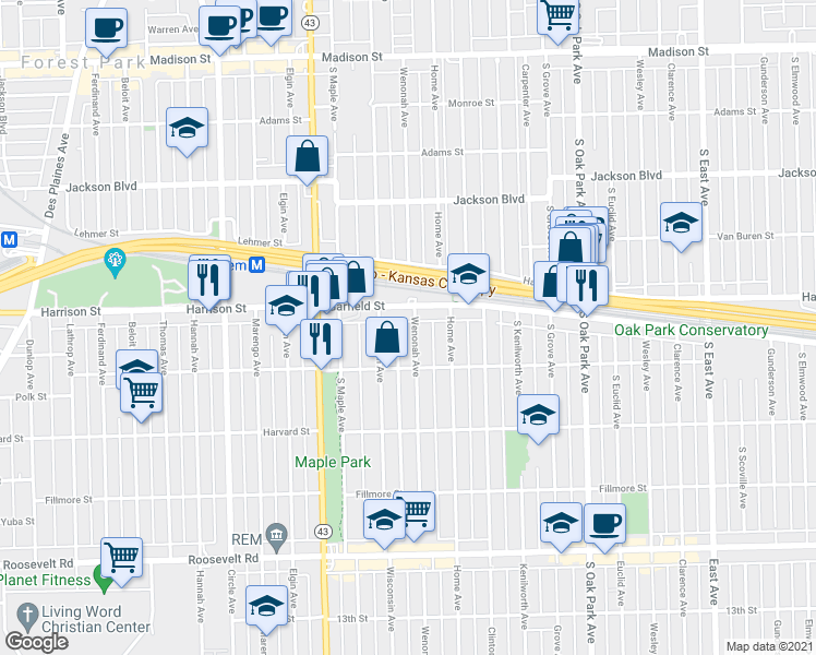 map of restaurants, bars, coffee shops, grocery stores, and more near 937 Wenonah Avenue in Oak Park