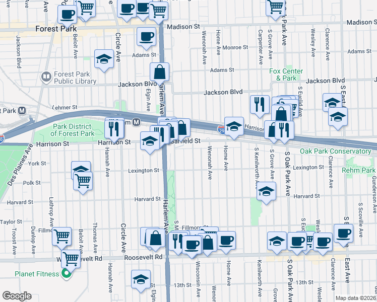 map of restaurants, bars, coffee shops, grocery stores, and more near 939 Wisconsin Avenue in Oak Park