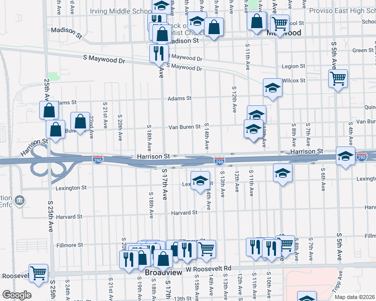 map of restaurants, bars, coffee shops, grocery stores, and more near 1645 Harrison Street in Maywood