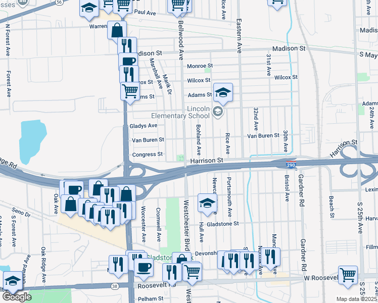 map of restaurants, bars, coffee shops, grocery stores, and more near 1133 Bellwood Avenue in Bellwood