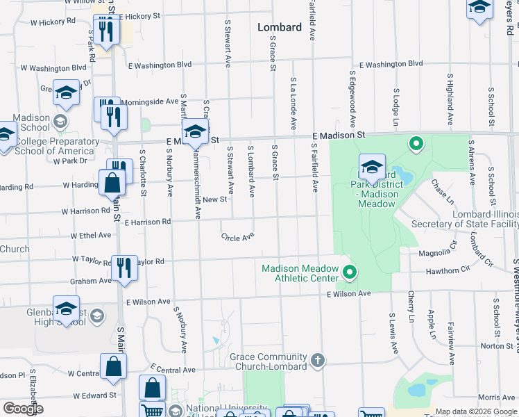 map of restaurants, bars, coffee shops, grocery stores, and more near 325 Circle Avenue in Lombard