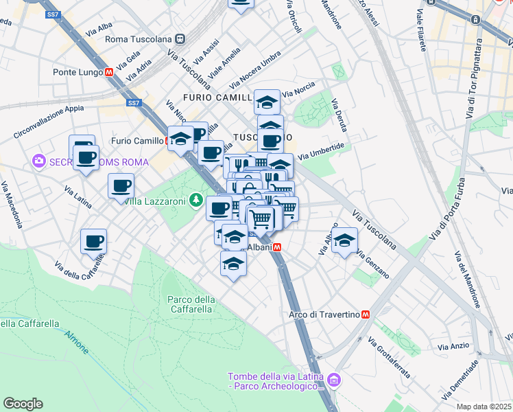 map of restaurants, bars, coffee shops, grocery stores, and more near 566 Via Appia Nuova in Roma