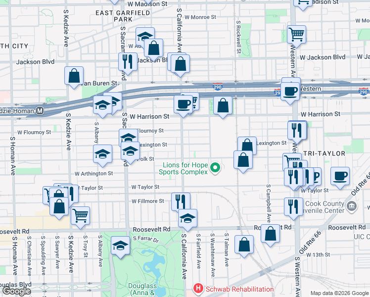 map of restaurants, bars, coffee shops, grocery stores, and more near 739 South California Avenue in Chicago