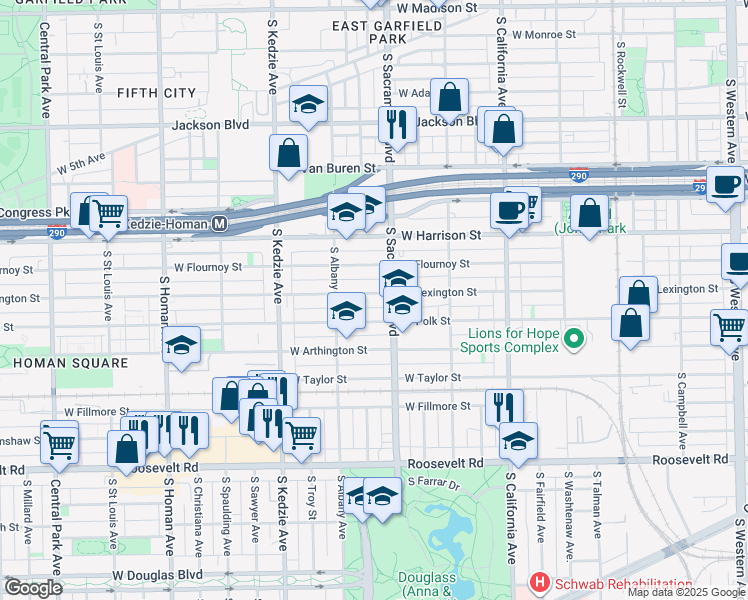 map of restaurants, bars, coffee shops, grocery stores, and more near 3019 West Lexington Street in Chicago