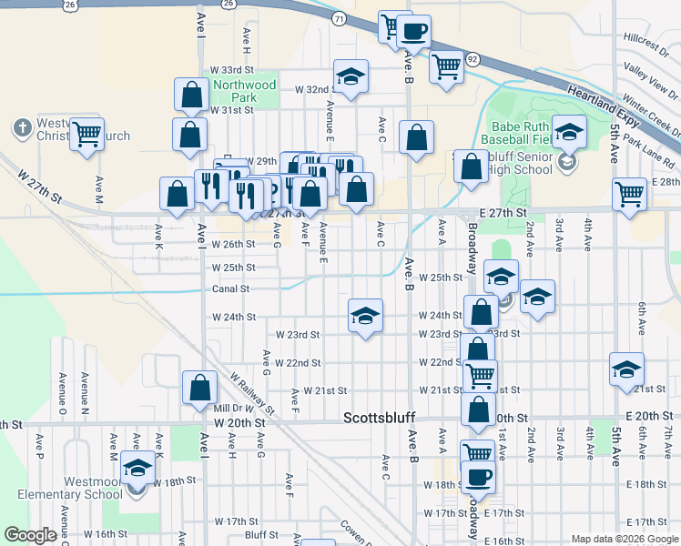 map of restaurants, bars, coffee shops, grocery stores, and more near 2501 Avenue East in Scottsbluff