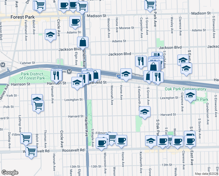 map of restaurants, bars, coffee shops, grocery stores, and more near 937 Wenonah Avenue in Oak Park
