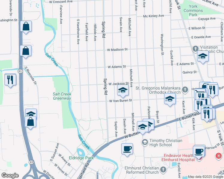 map of restaurants, bars, coffee shops, grocery stores, and more near 916 Saylor Avenue in Elmhurst