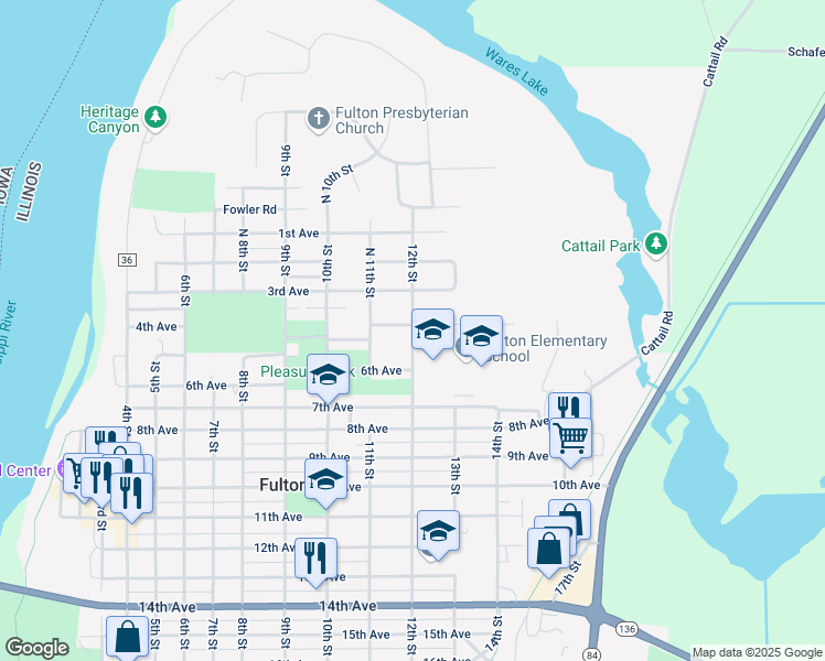 map of restaurants, bars, coffee shops, grocery stores, and more near 415 12th Street in Fulton